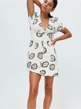 Urban Outfitters White Dress with Black Daisy Print and Yellow Centers